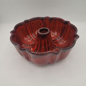 Oxblood Drip Glaze Ceramic Bundt Cake Mold 7.5" Stoneware Decor 1990s Vintage